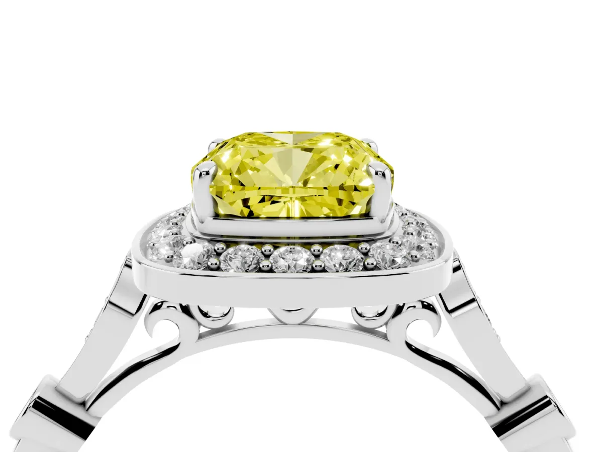 Fancy Yellow Cushion Cut Halo Diamond Engagement Ring with Twisted Band and Four-Prong Setting White gold