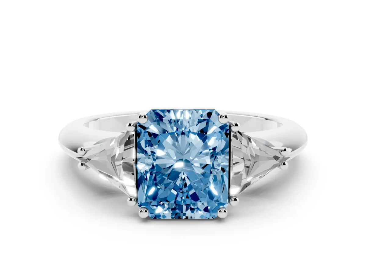 Fancy Blue Three-Stone Radiant Cut Diamond Engagement Ring with Trillion Side Stones and Prong Setting Silver