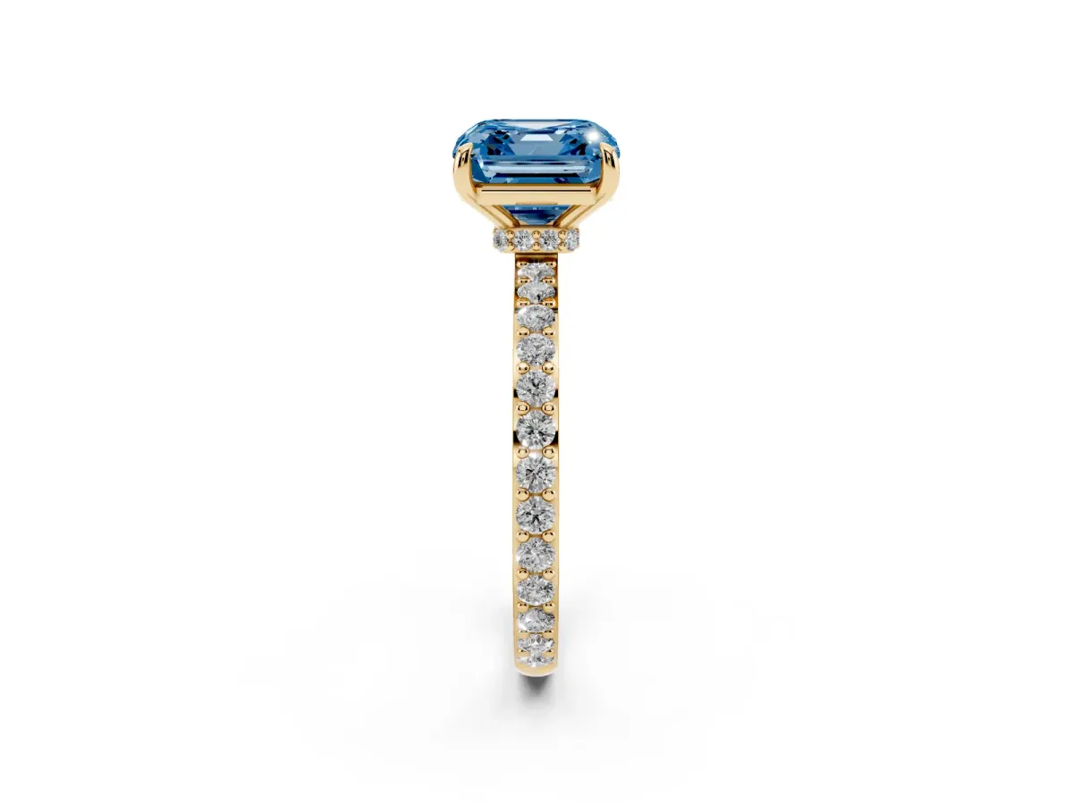 Fancy Blue Asscher Cut Diamond Pavé Engagement Ring with Round Accents and Prong Setting Yellow gold