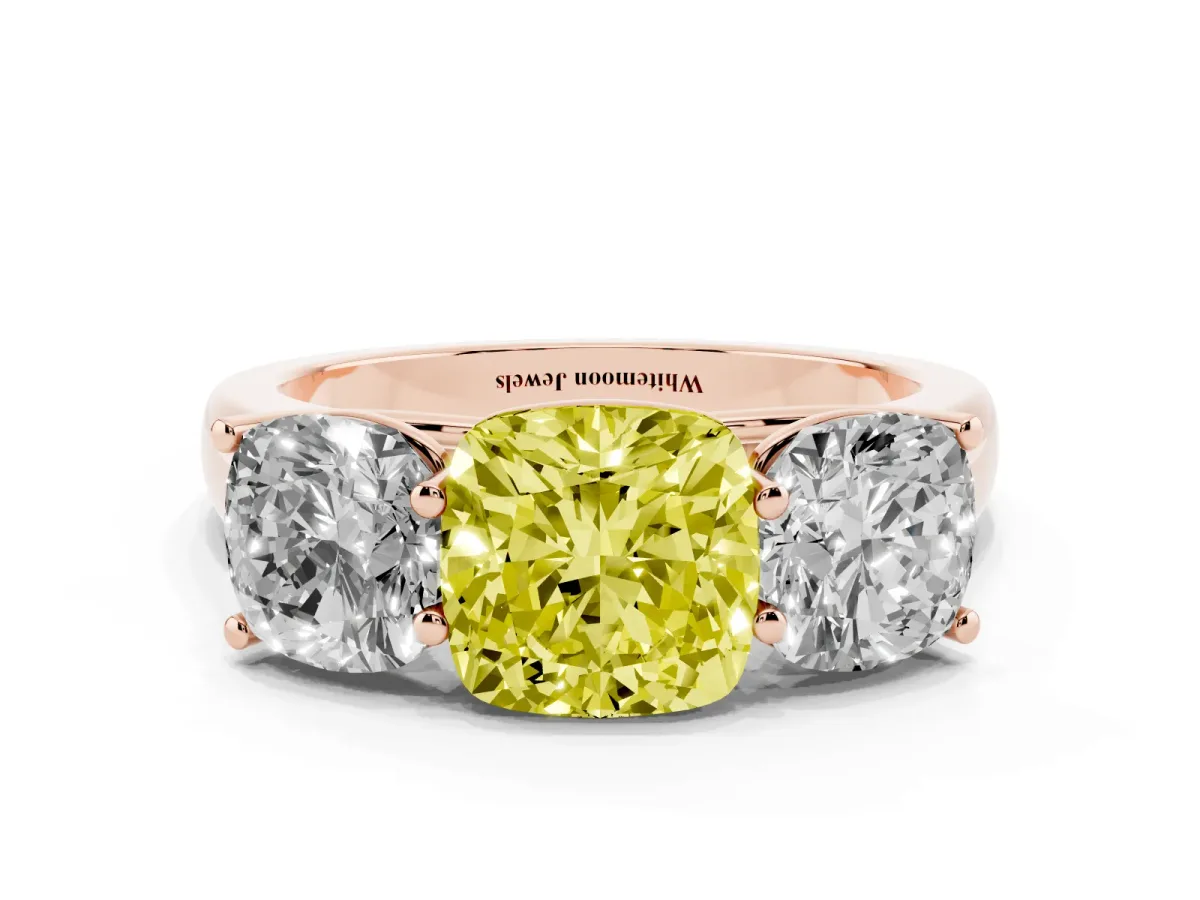 Fancy Yellow Cushion Cut Three-Stone Diamond Ring with Prong Setting on a Classic Band Rose gold