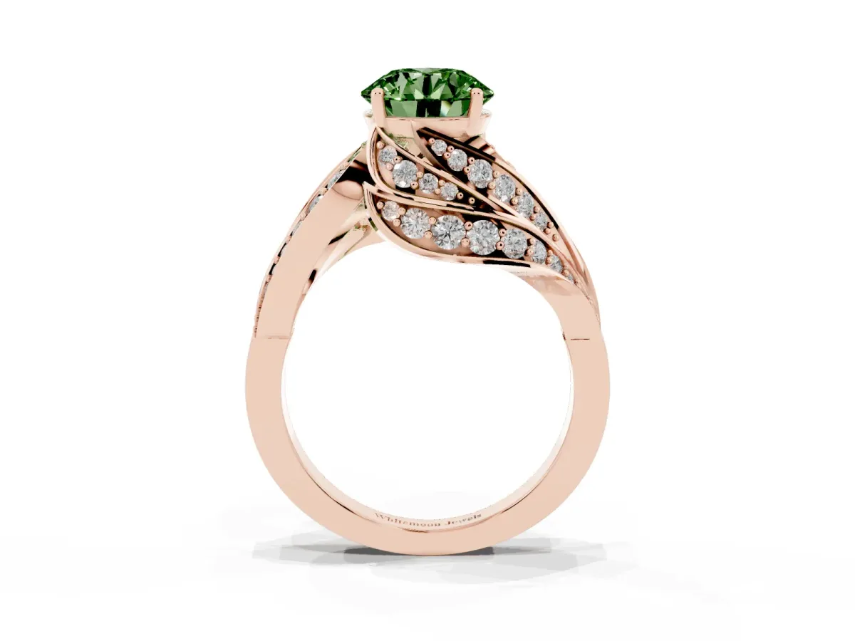Fancy Green Round Cut Diamond Solitaire Ring with Prong Setting and Twisted Pavé Band Rose gold
