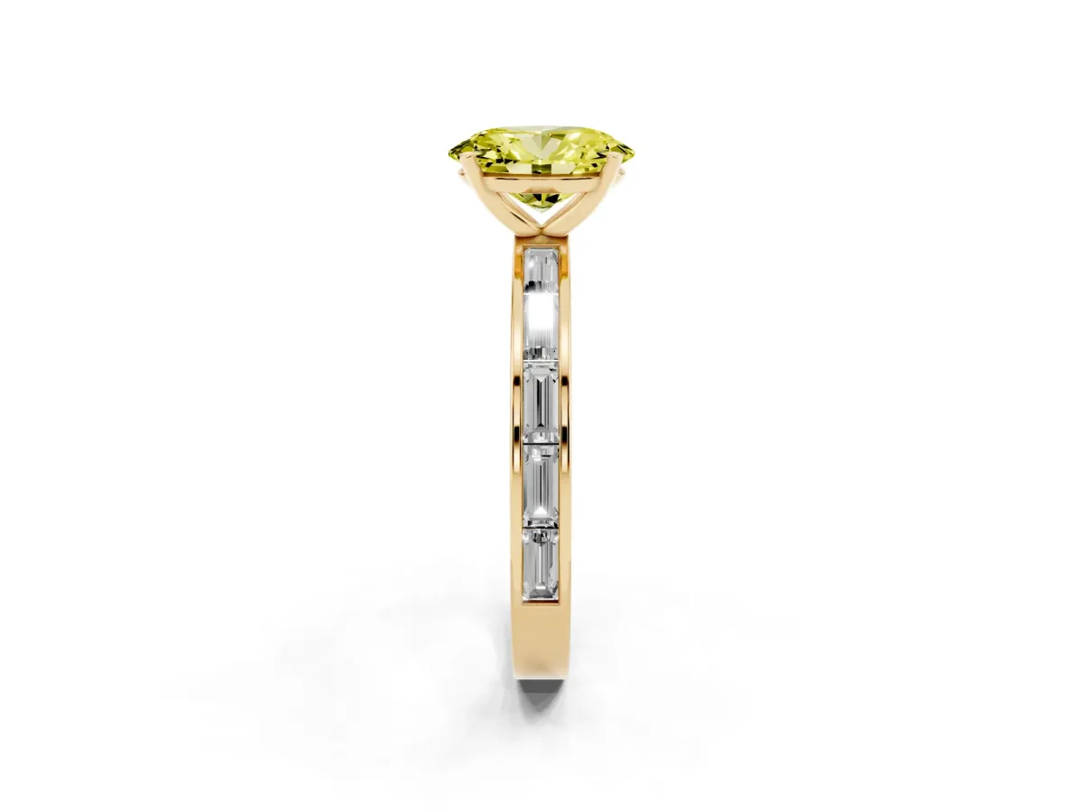 Fancy Yellow Oval Cut Solitaire Diamond Ring with Channel-Set Baguette Band and Four-Prong Setting Yellow gold
