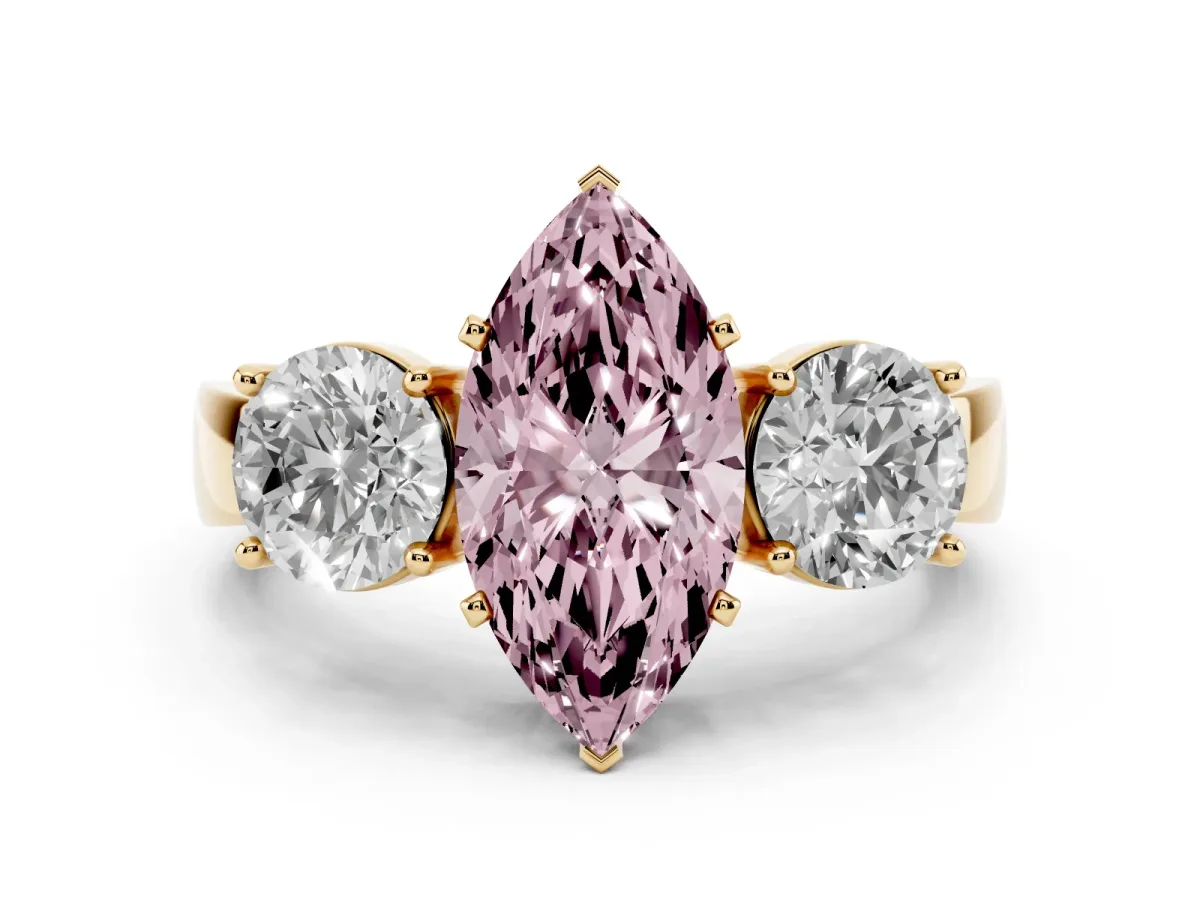 Fancy Pink Three-Stone Marquise Cut Diamond Ring with Round Side Stones, Classic Band, and Four-Prong Setting Yellow gold