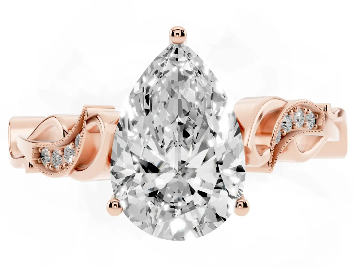 Pear Cut Solitaire Vine Band with Milgrain Prong Setting Rose gold