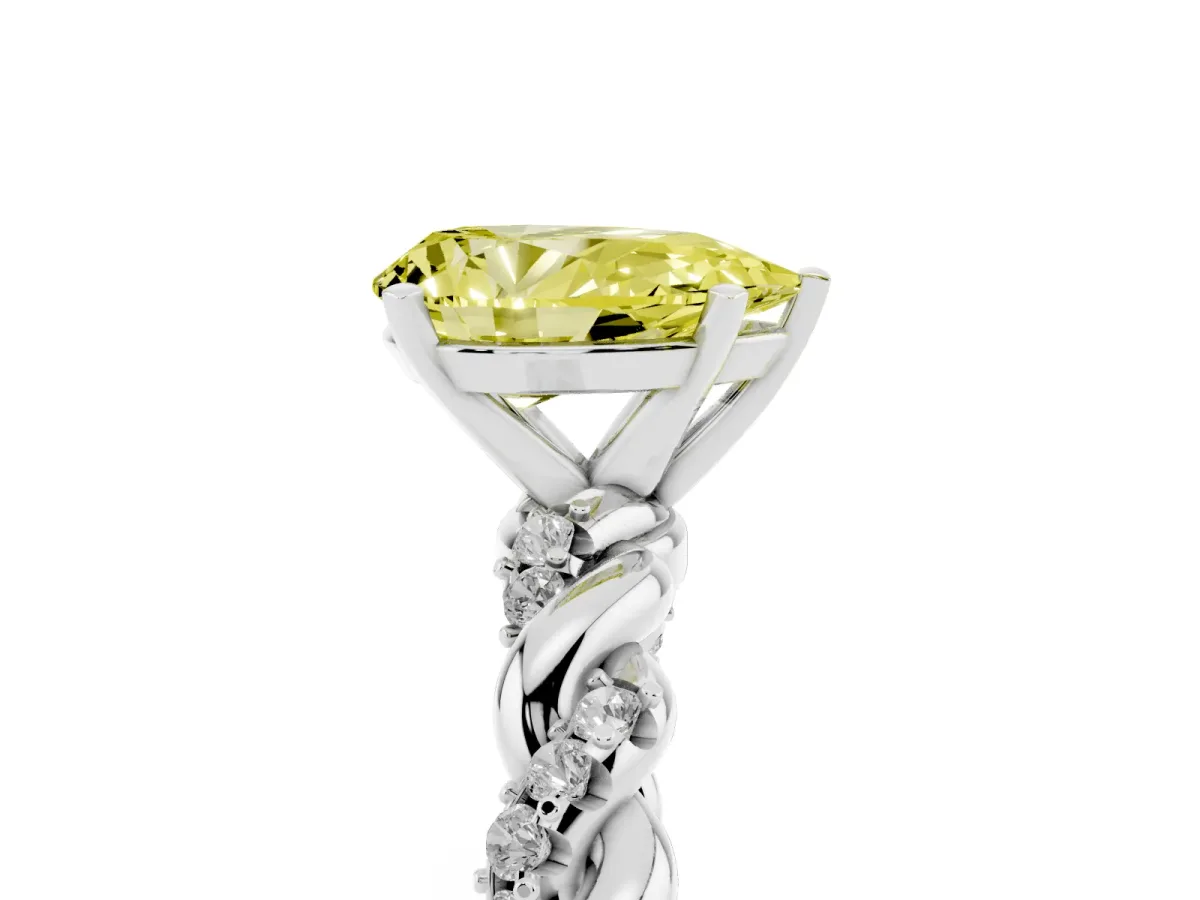 Fancy Yellow Pear Cut Diamond Solitaire Ring with Twisted Band and Pavé Accents Platinum
