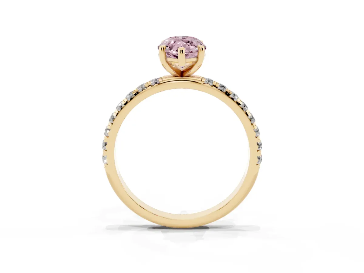 Fancy Pink Marquise Cut Cut Diamond Solitaire Ring with Micro Pave Band and Four Prong Setting Yellow gold