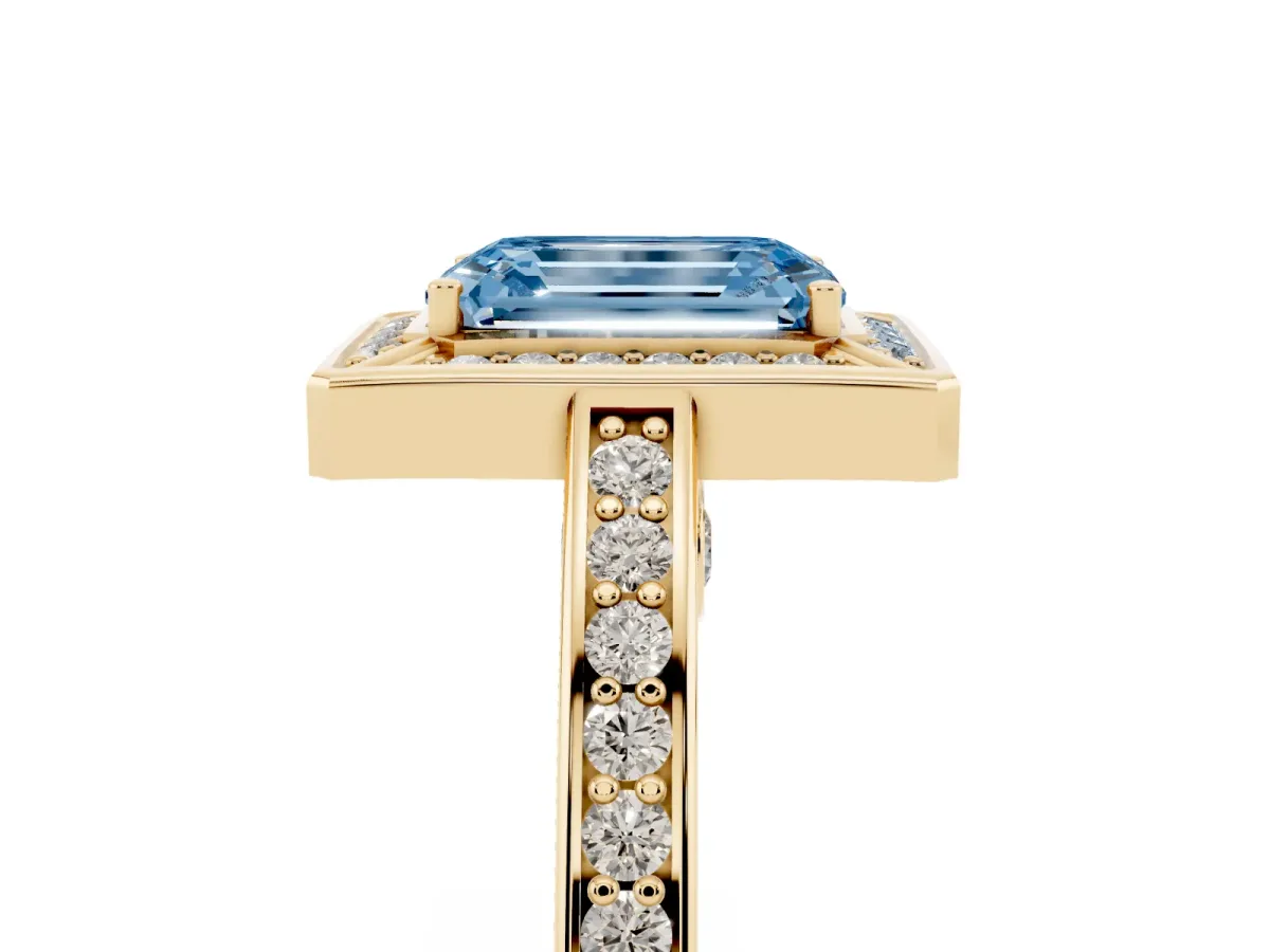 Fancy Blue Emerald Cut Cut Halo Pave Split Shank Prong Setting Ring Yellow gold