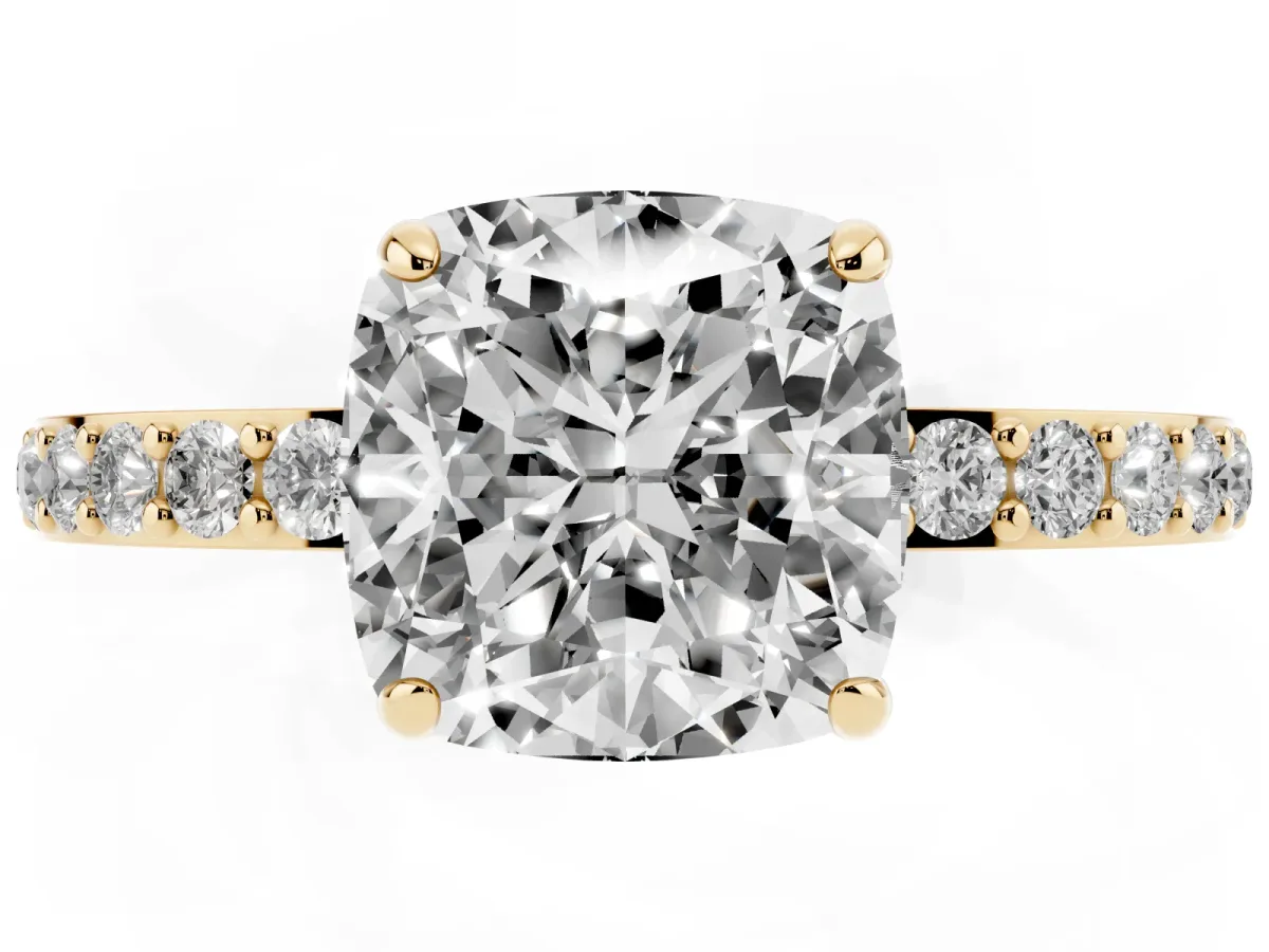 Cushion Cut Diamond Solitaire Engagement Ring with Pavé Band and Four-Prong Setting Yellow gold