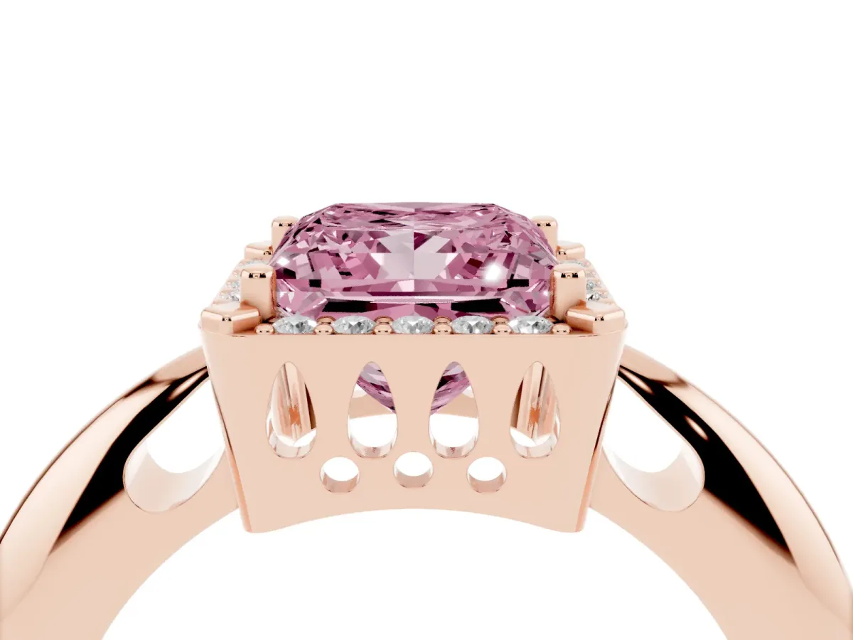 Fancy Pink Princess Cut Cut Diamond Halo Engagement Ring with Split Shank and Four-Prong Setting Rose gold