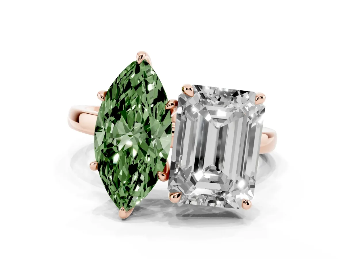 Fancy Green Marquise Cut and Emerald Cut Toi Moi Ring with Prong Setting Rose gold