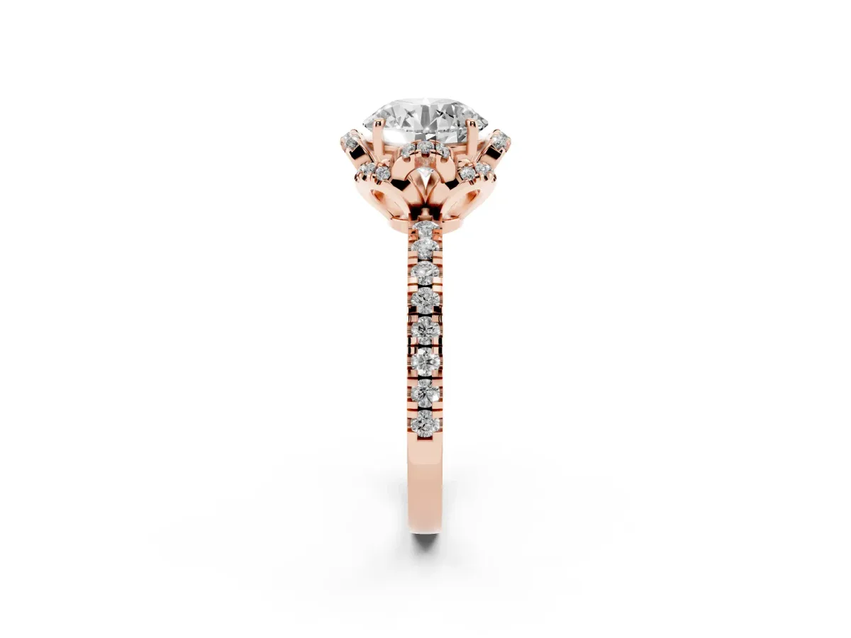 Round Cut Halo Diamond Pave Band Ring with Four-Prong Setting Rose gold