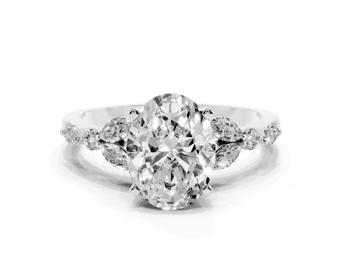Oval Cut Diamond Solitaire Ring with Side Stones and Four-Prong Setting Silver