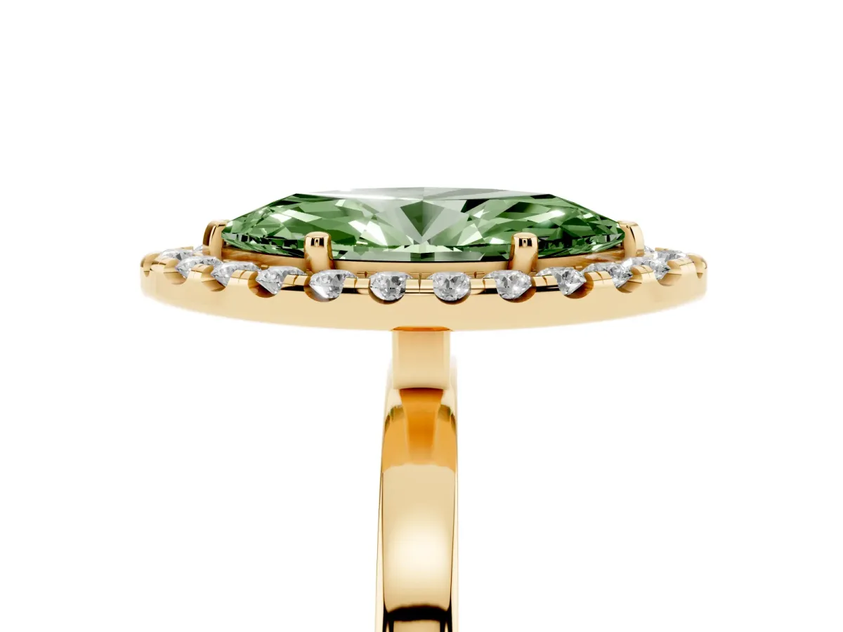 Fancy Green Marquise Cut Halo Diamond Solitaire with Pavé Band and Four-Prong Setting Yellow gold