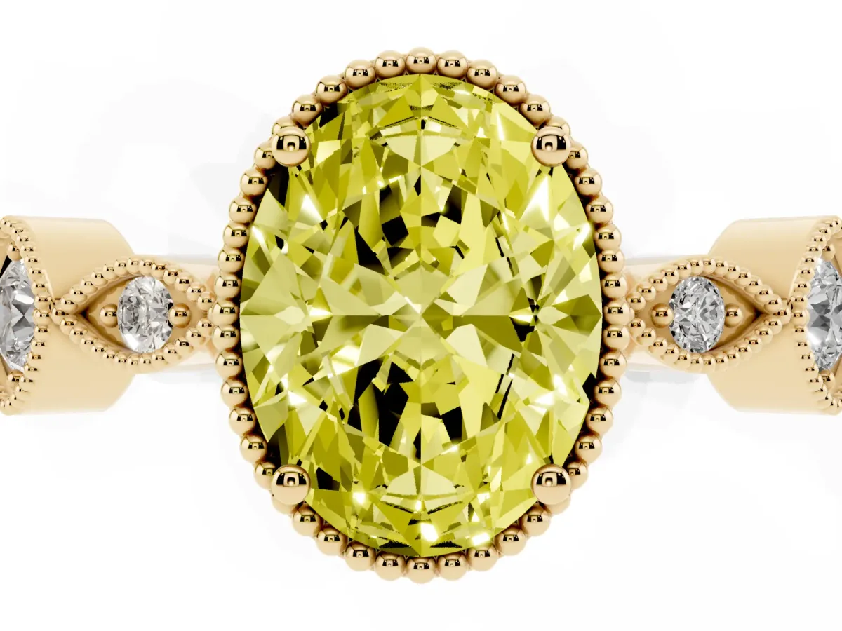 Fancy Yellow Oval Cut Diamond Vintage Milgrain Ring with Round Stations Yellow gold