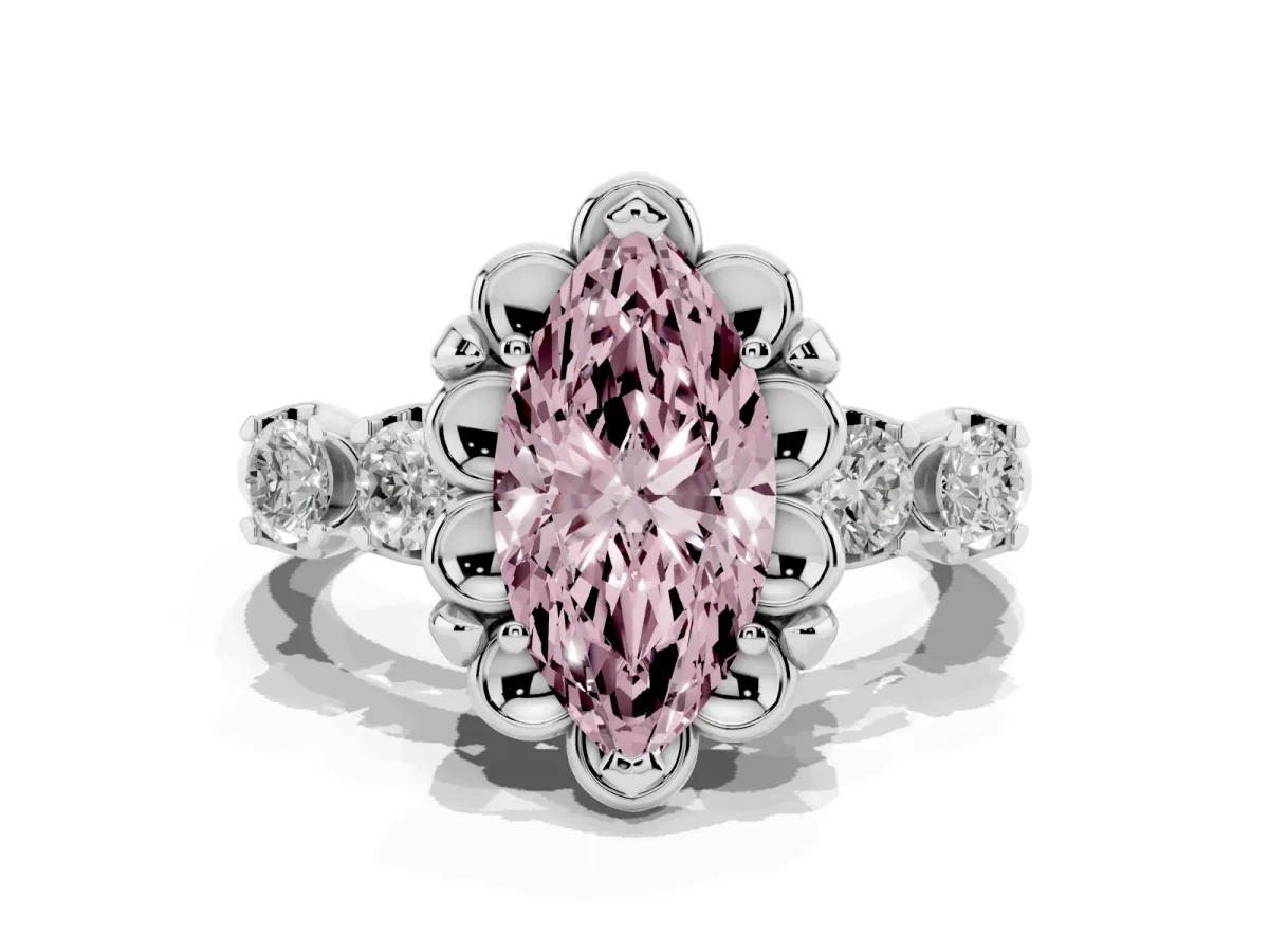 Fancy Pink Marquise Cut Cut Diamond Floral Halo Engagement Ring with Shared Prong Setting Platinum