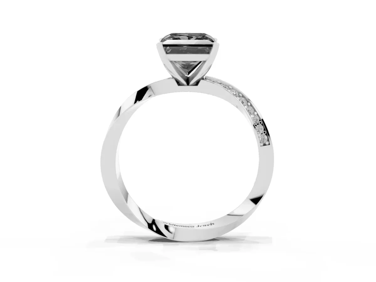 Fancy Black Princess Cut Diamond Engagement Ring with Side Stone Accents and Four-Prong Setting Silver