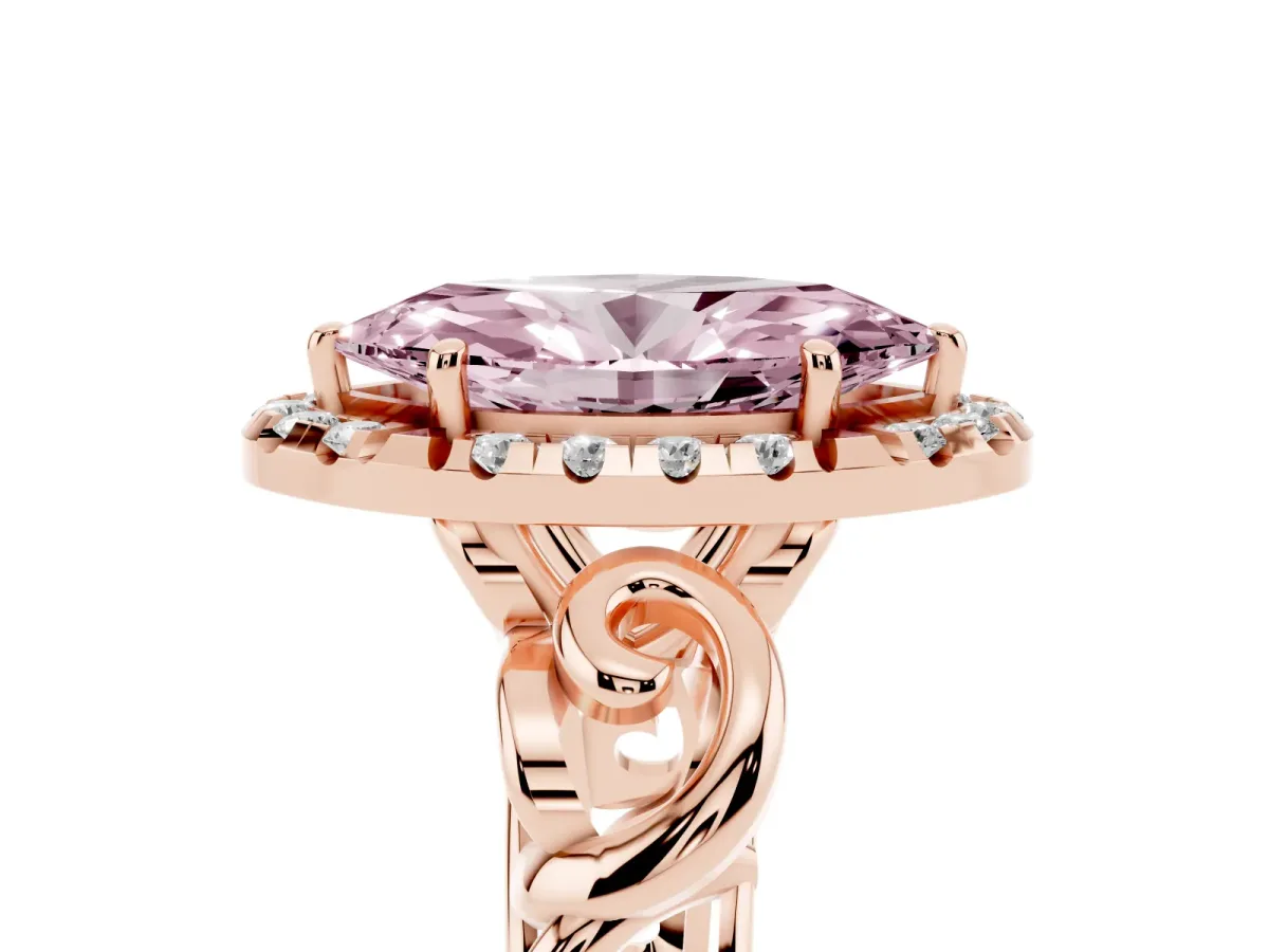 Fancy Pink Marquise Cut Cut Halo Diamond Ring with Scrollwork Band and Four-Prong Setting Rose gold