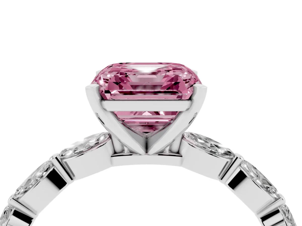 Fancy Pink Asscher Cut Diamond Ring with Marquise Side Stones and Prong Setting Platinum