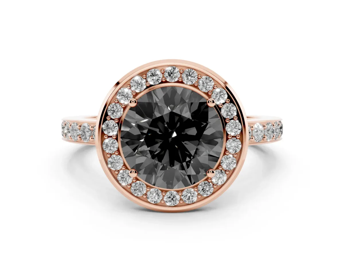 Fancy Black Round Cut Diamond Halo Ring with Bezel Frame and Pavé Band Rose gold