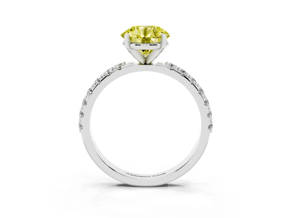 Fancy Yellow Round Cut Diamond Solitaire Pavé Band with Four-Prong Setting Silver
