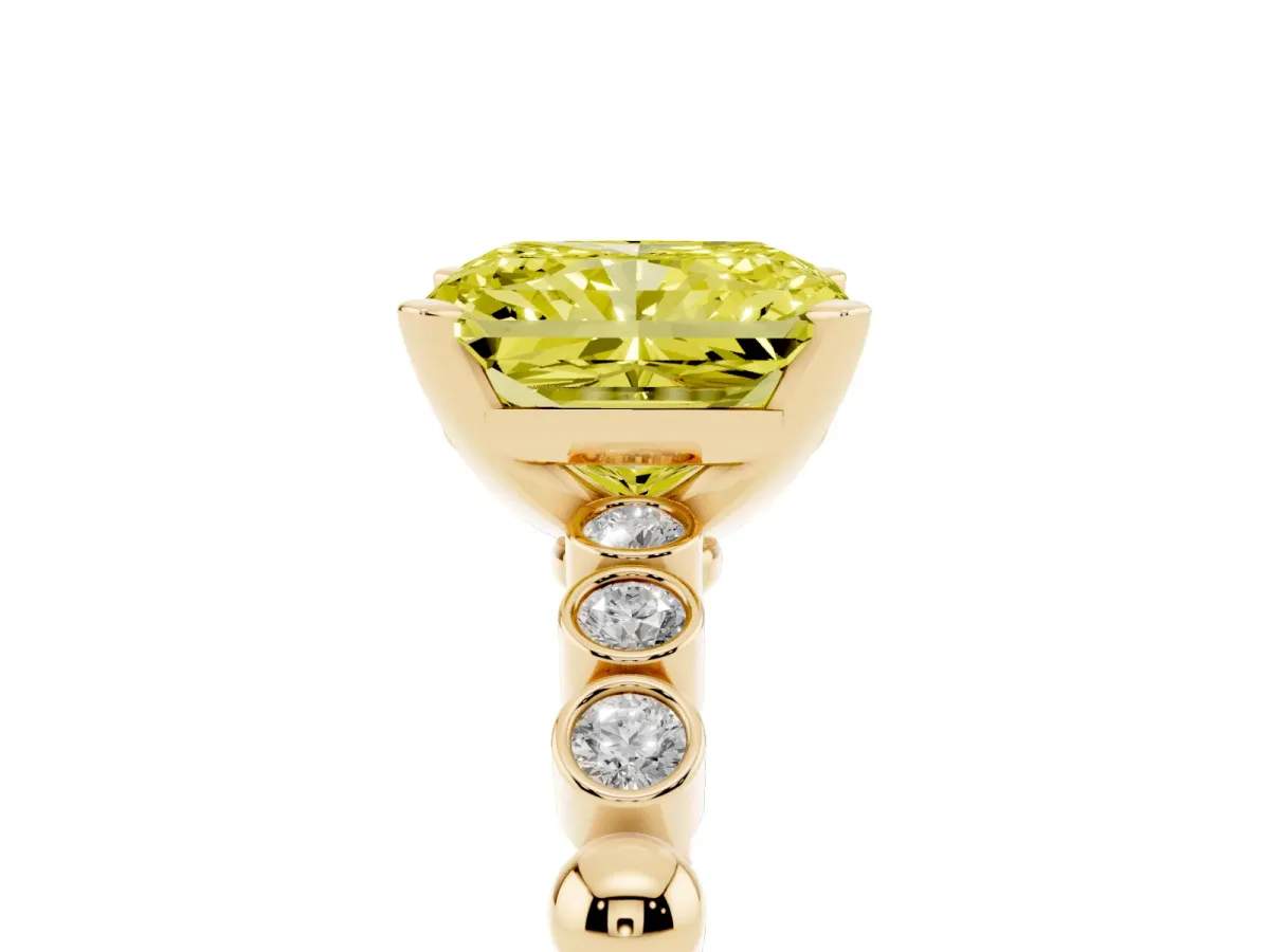 Fancy Yellow Radiant Cut Solitaire Bezel Accent Diamond Engagement Ring with Beaded Band and Four-Prong Setting Yellow gold