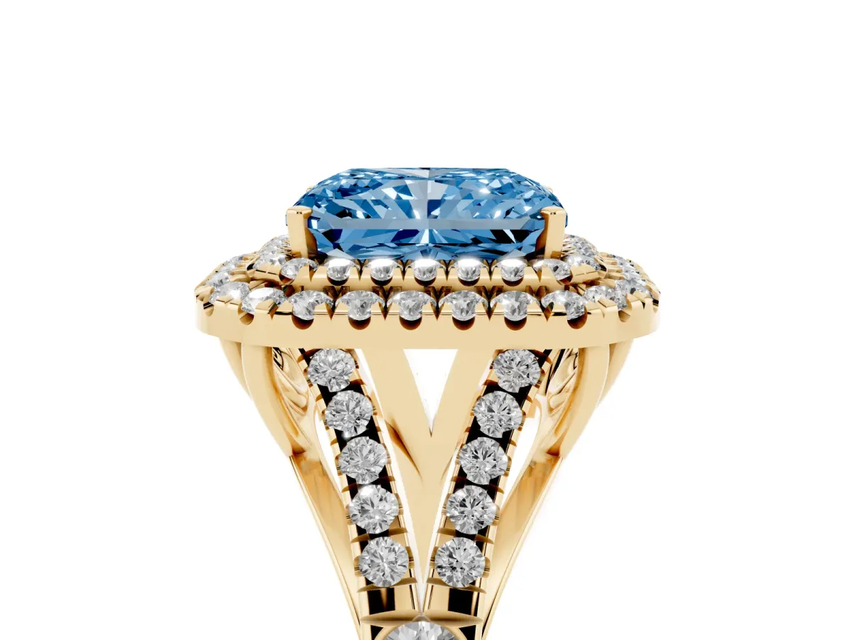 Fancy Blue Double Halo Radiant Cut Diamond Split Shank Engagement Ring with Four-Prong Setting Yellow gold