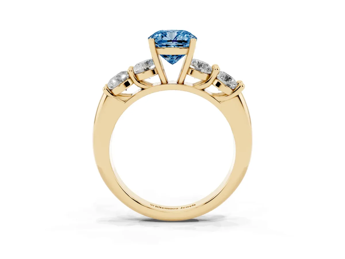 Fancy Blue Cushion Cut Cut Five-Stone Prong Set Diamond Ring with Classic Band Yellow gold