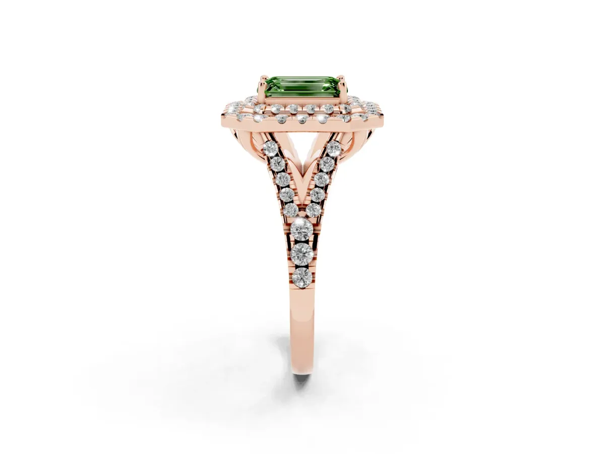 Fancy Green Double Halo Emerald Cut Diamond Pavé Split Shank Ring with Prong Setting Rose gold