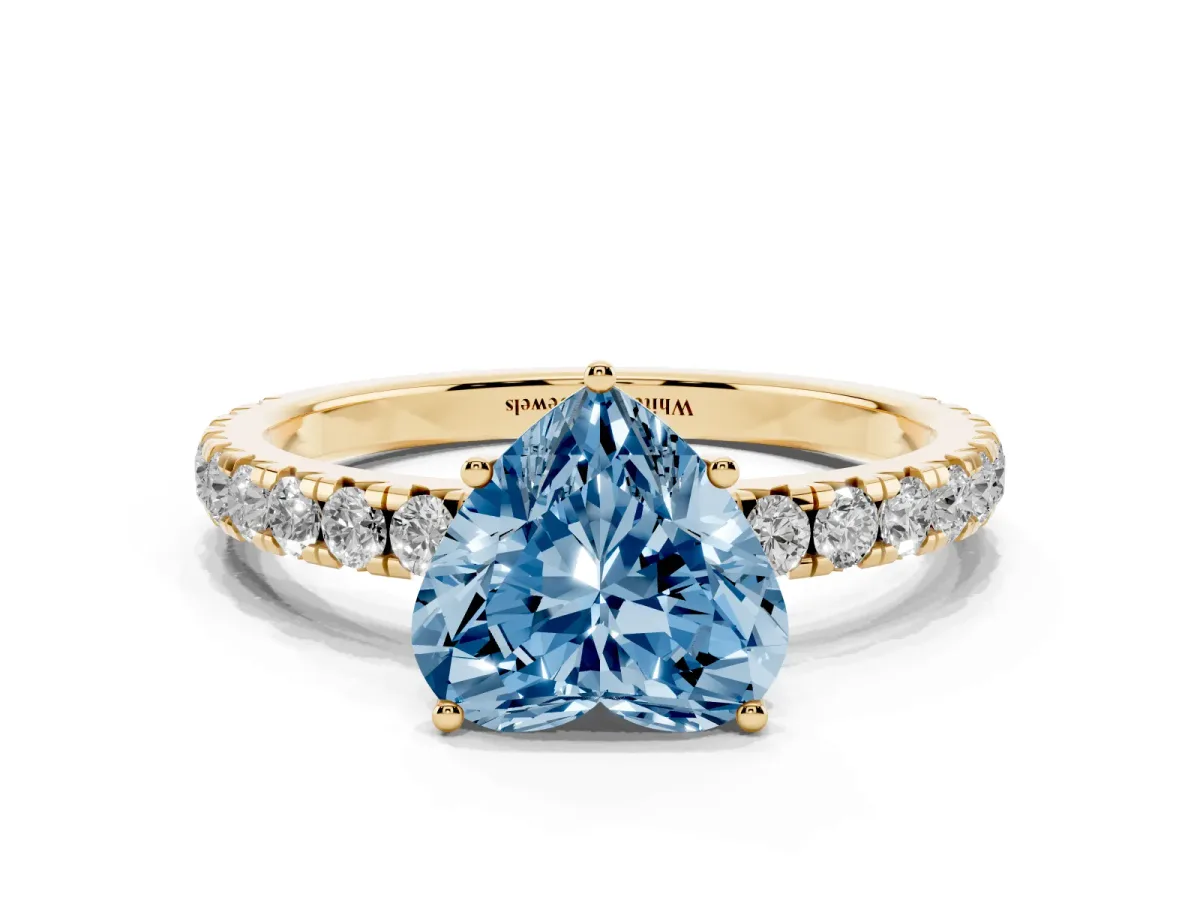 Fancy Blue Heart Cut Diamond Pavé Solitaire Engagement Ring with Four-Prong Setting Yellow gold