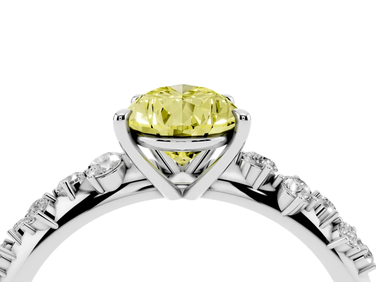 Fancy Yellow Pear Cut Diamond Cluster Side Stone Solitaire Ring with Prong Setting Silver