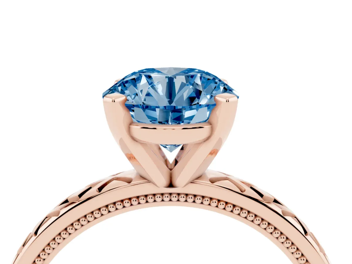 Fancy Blue Round Cut Solitaire Diamond Ring with Milgrain and Black Enamel X Pattern Band Rose gold