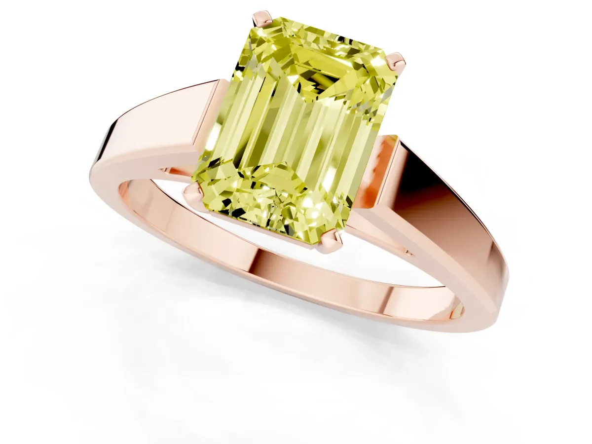 Fancy Yellow Emerald Cut Solitaire Engagement Ring with Four-Prong Setting and Tapered Band Rose gold