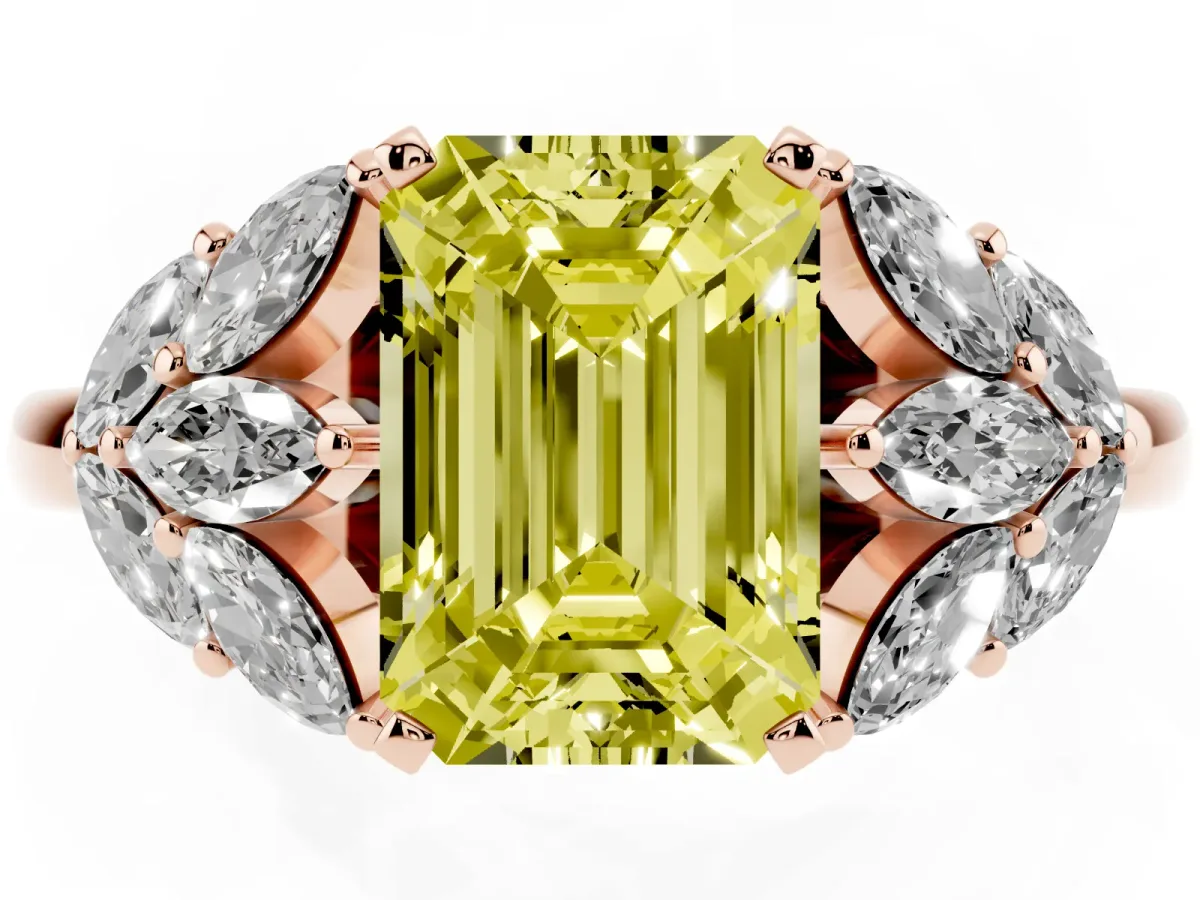 Fancy Yellow Emerald Cut Diamond Cluster Leaf Design Ring with Prong Setting Rose gold