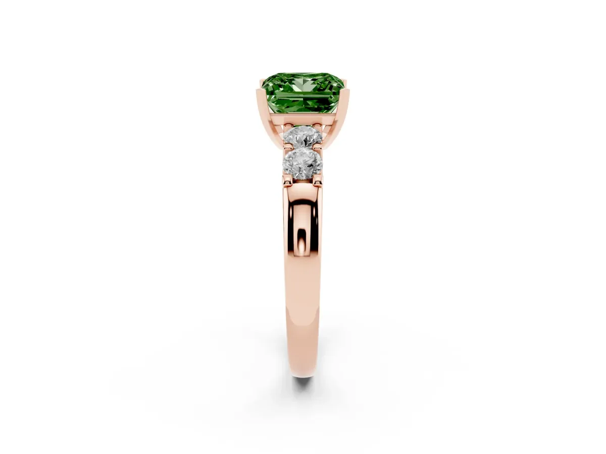 Fancy Green Princess Cut Brilliant Cut Diamond Five-Stone Prong Set Engagement Ring with Channel Band Rose gold