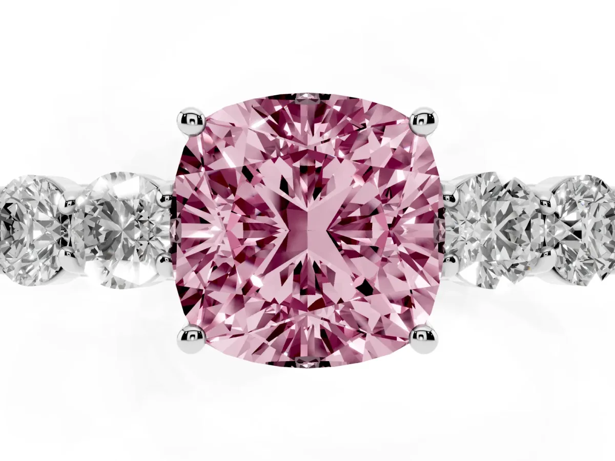 Fancy Pink Cushion Cut Cut Diamond Five-Stone Prong Set White Gold Ring Silver