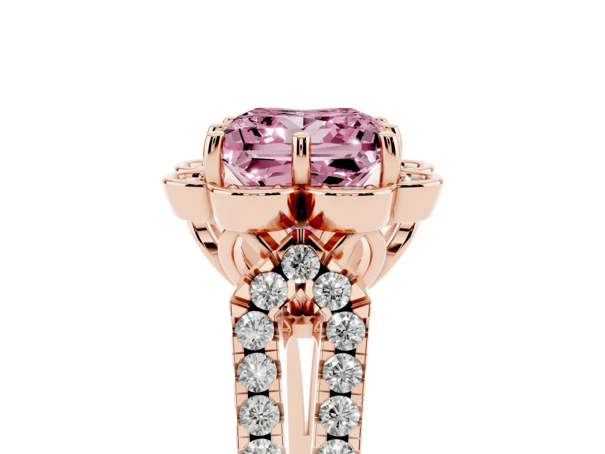 Fancy Pink Princess Cut Halo Diamond Floral Split Shank Engagement Ring Rose gold