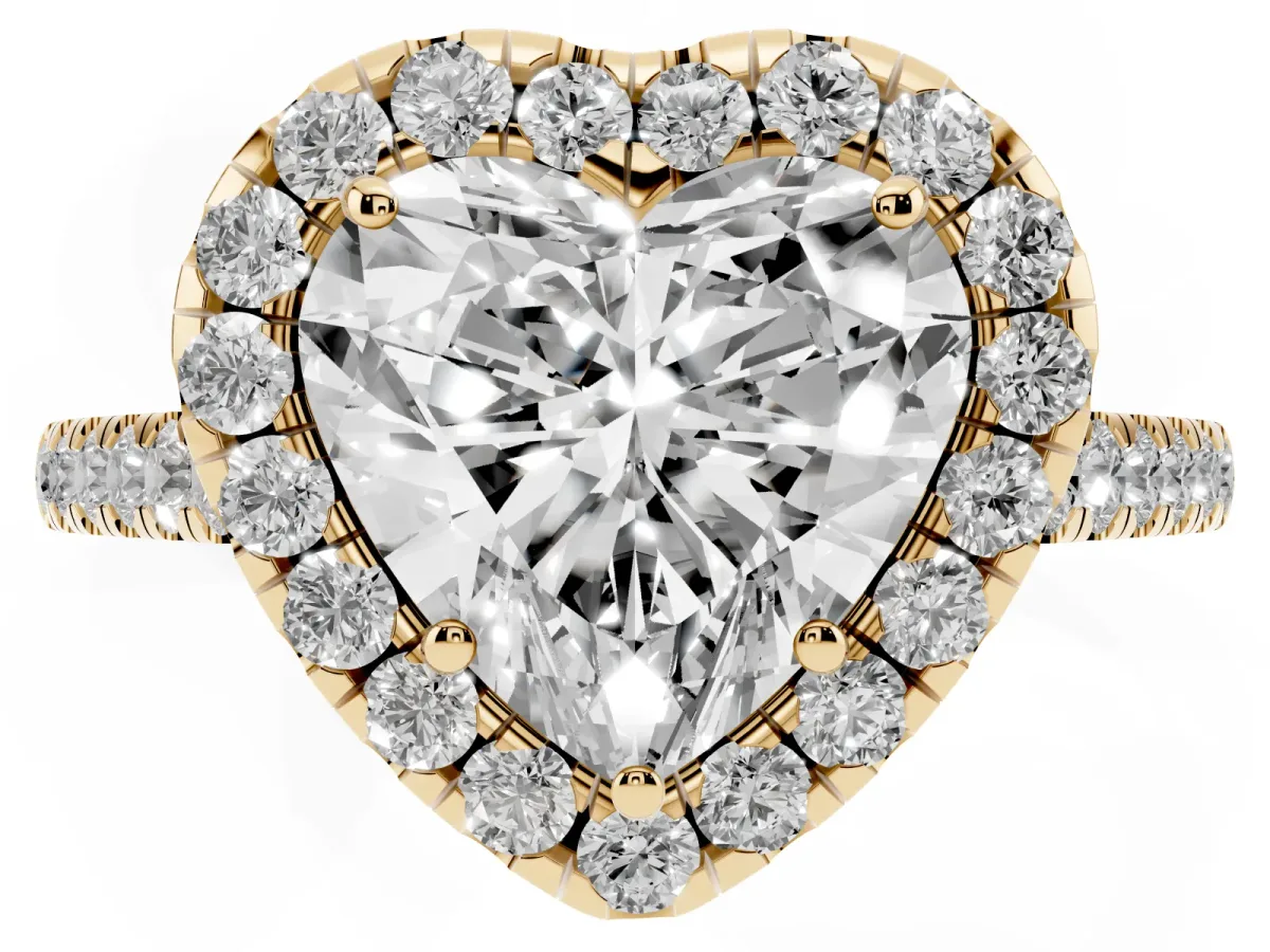 Heart Cut Halo Pave Diamond Engagement Ring with Four-Prong Setting Yellow gold