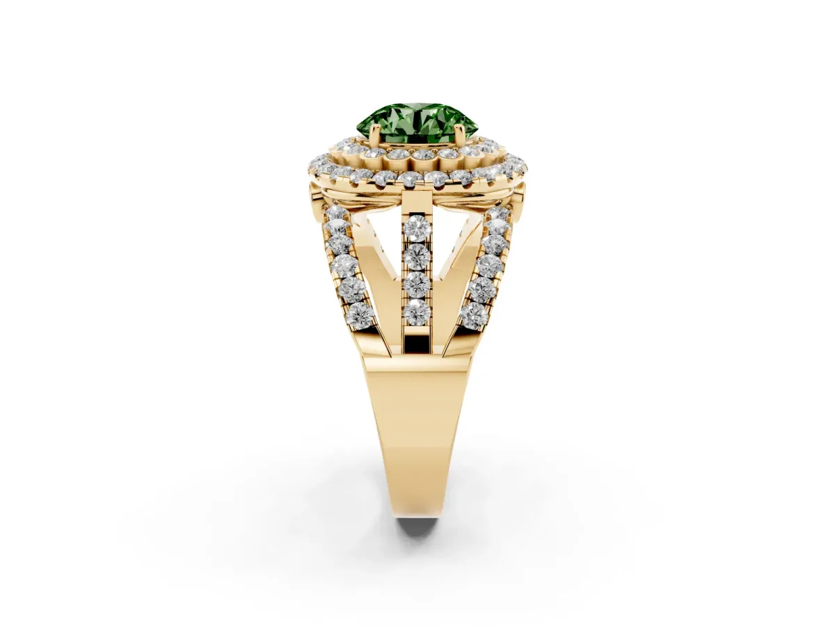 Fancy Green Round Cut Diamond Double Halo Ring with Round Pavé Split Shank and Prong Setting Yellow gold