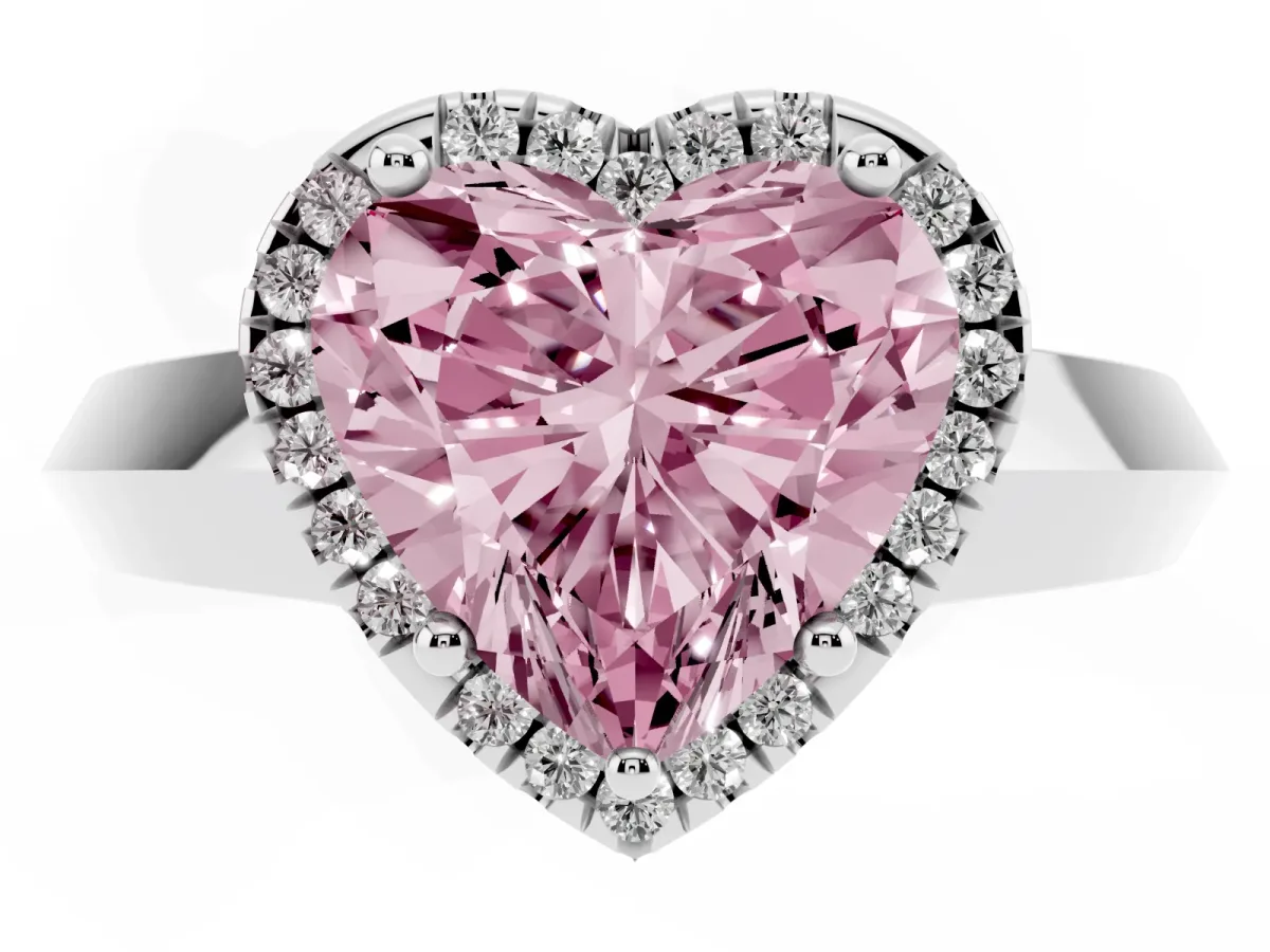 Fancy Pink Heart Cut Halo Diamond Ring with Cathedral Band and Four-Prong Setting Silver