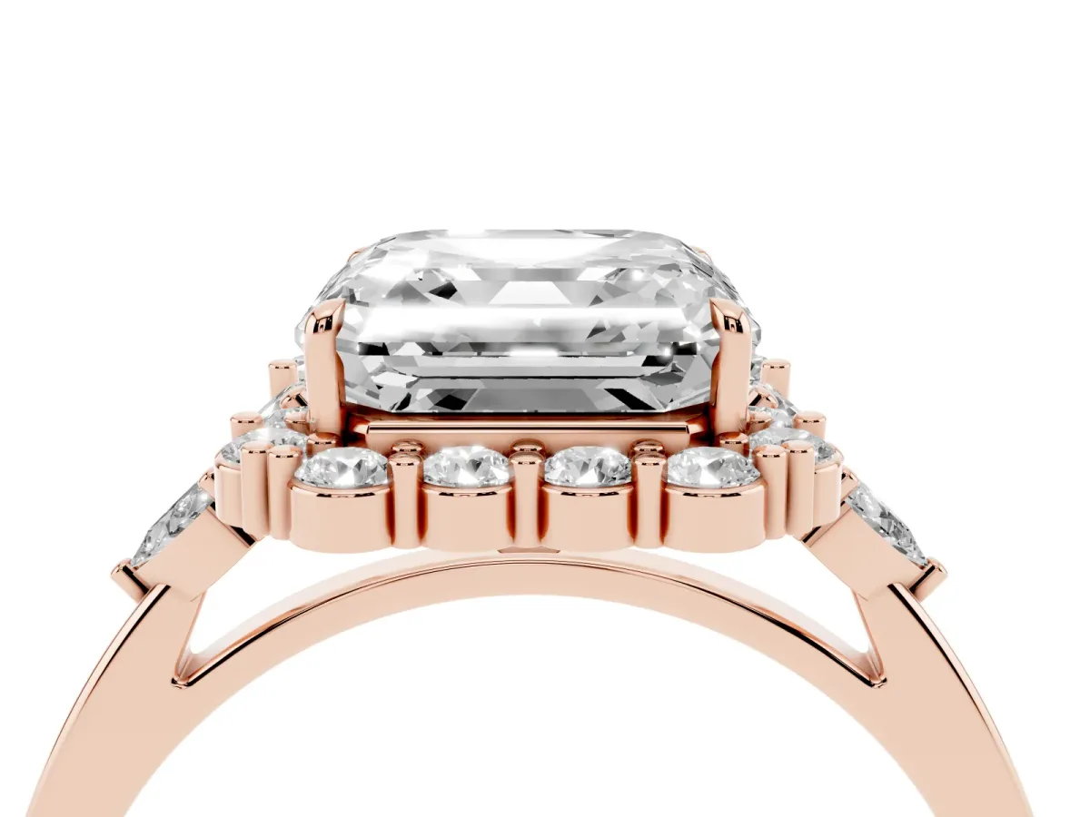Asscher Cut Diamond Halo Ring with Pear Side Stones and Prong Setting Rose gold