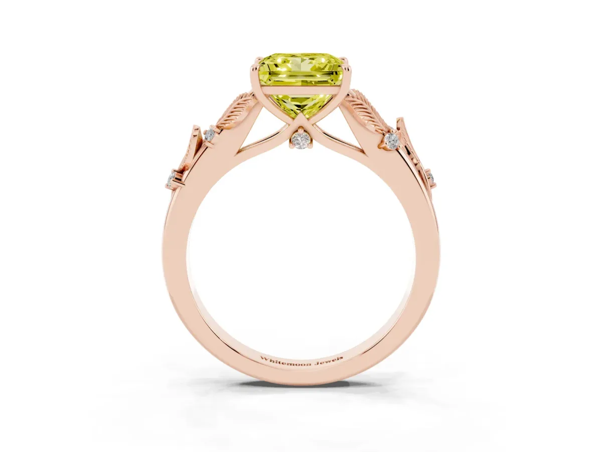 Fancy Yellow Princess Cut Diamond Solitaire Ring with Leaf Motif Band and Four-Prong Setting Rose gold
