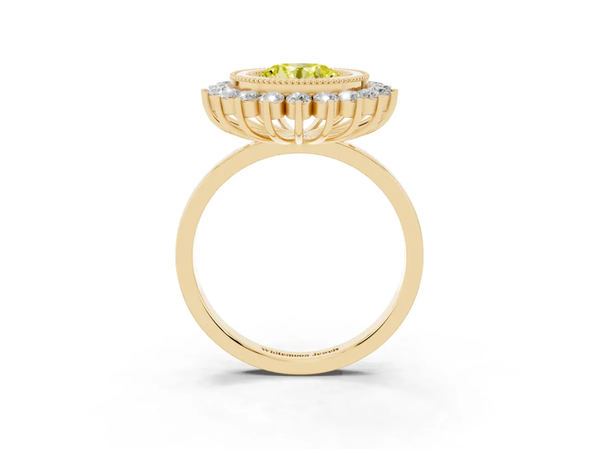 Fancy Yellow Round Cut Halo Diamond Ring with Milgrain Edge and Round Prong Setting Yellow gold