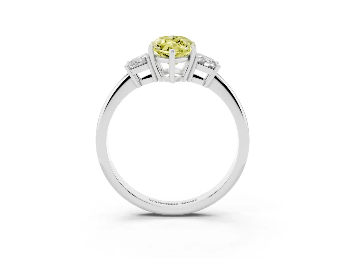 Fancy Yellow Marquise Cut Diamond Three-Stone Ring with Trapezoid Side Stones and Prong Setting Silver