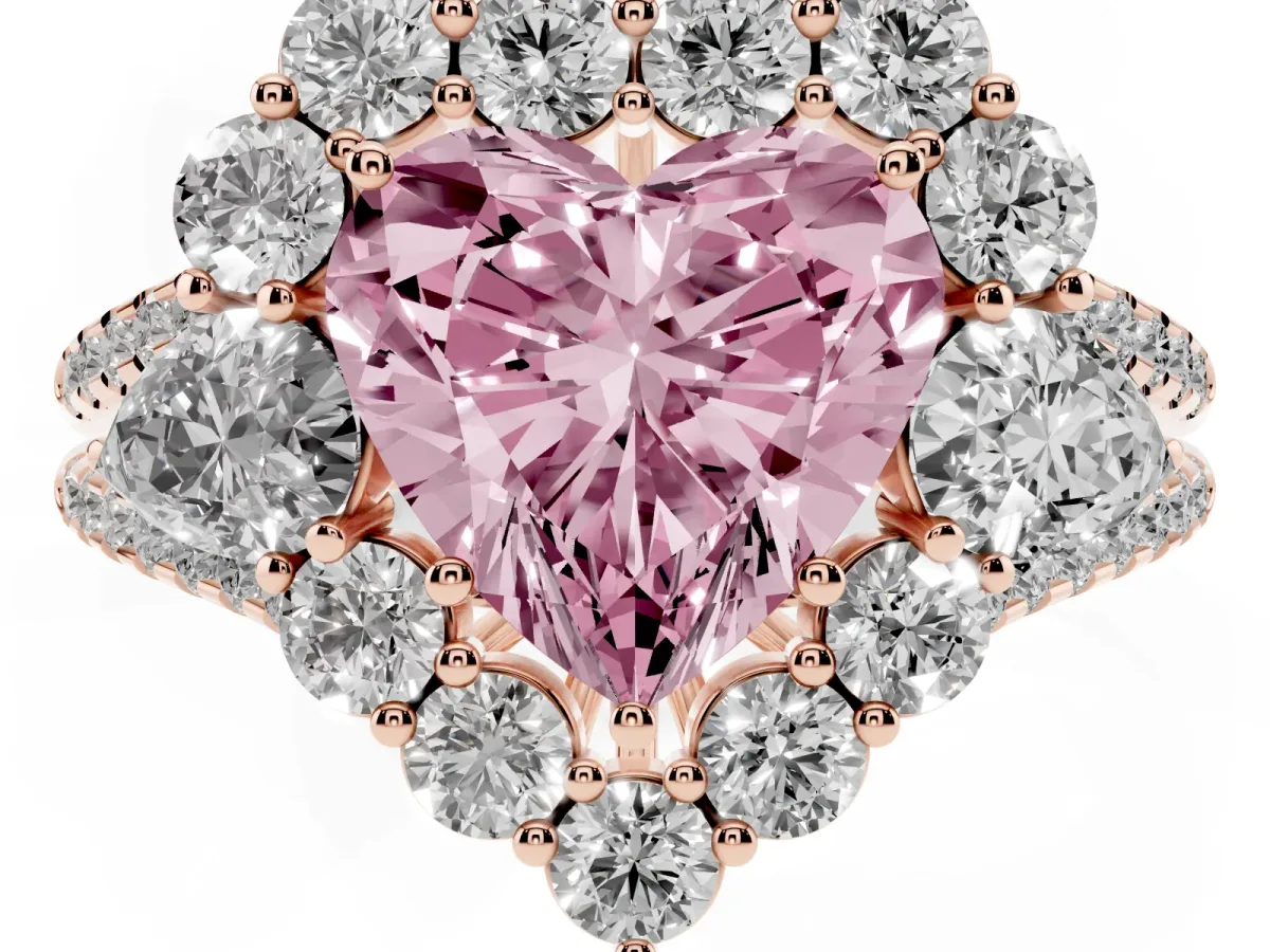 Fancy Pink Heart Cut Halo Split Shank Diamond Engagement Ring with Prong Setting Rose gold