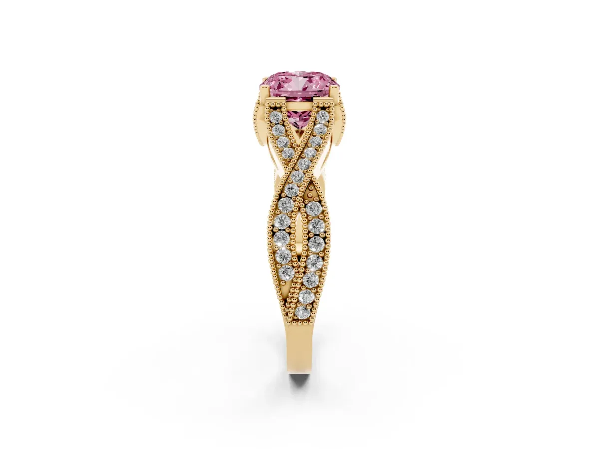 Fancy Pink Cushion Cut Cut Diamond Twisted Band with Milgrain Pave Setting and Four-Prong Setting Yellow gold