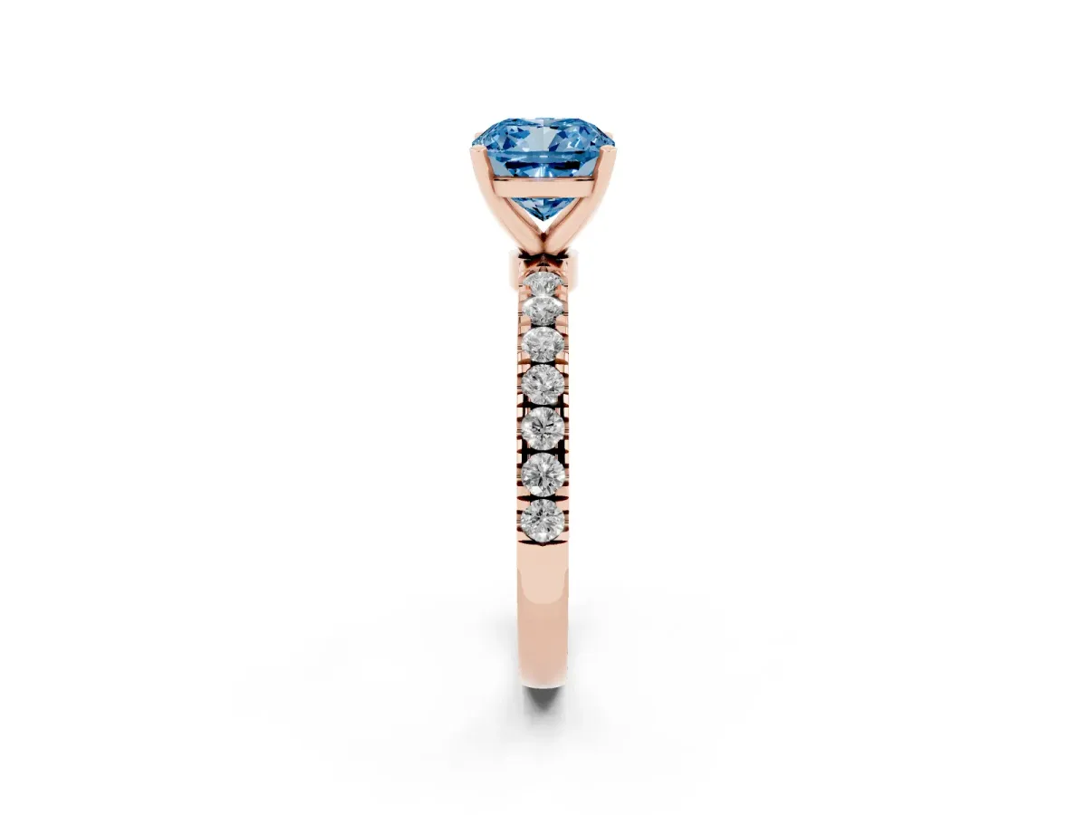 Fancy Blue Cushion Cut Diamond Solitaire Ring with Pavé Accents and Four-Prong Setting Rose gold