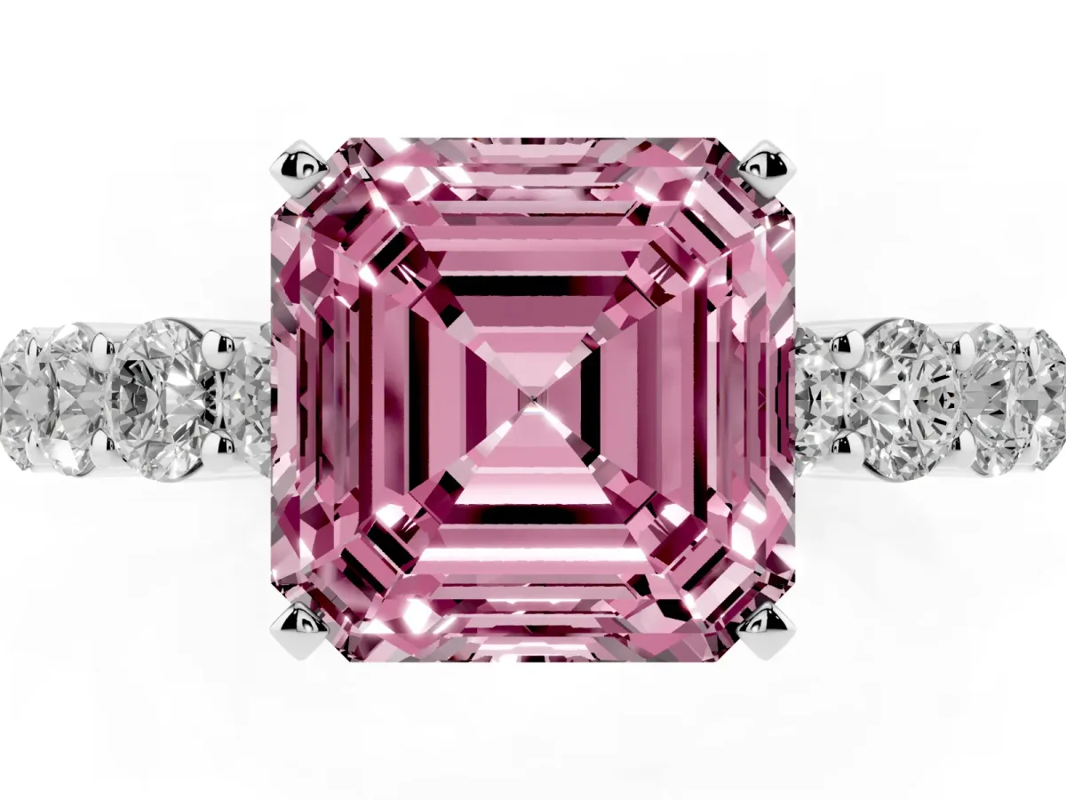 Fancy Pink Asscher Cut Diamond Solitaire Ring with Shared Prong Round Side Stones White gold