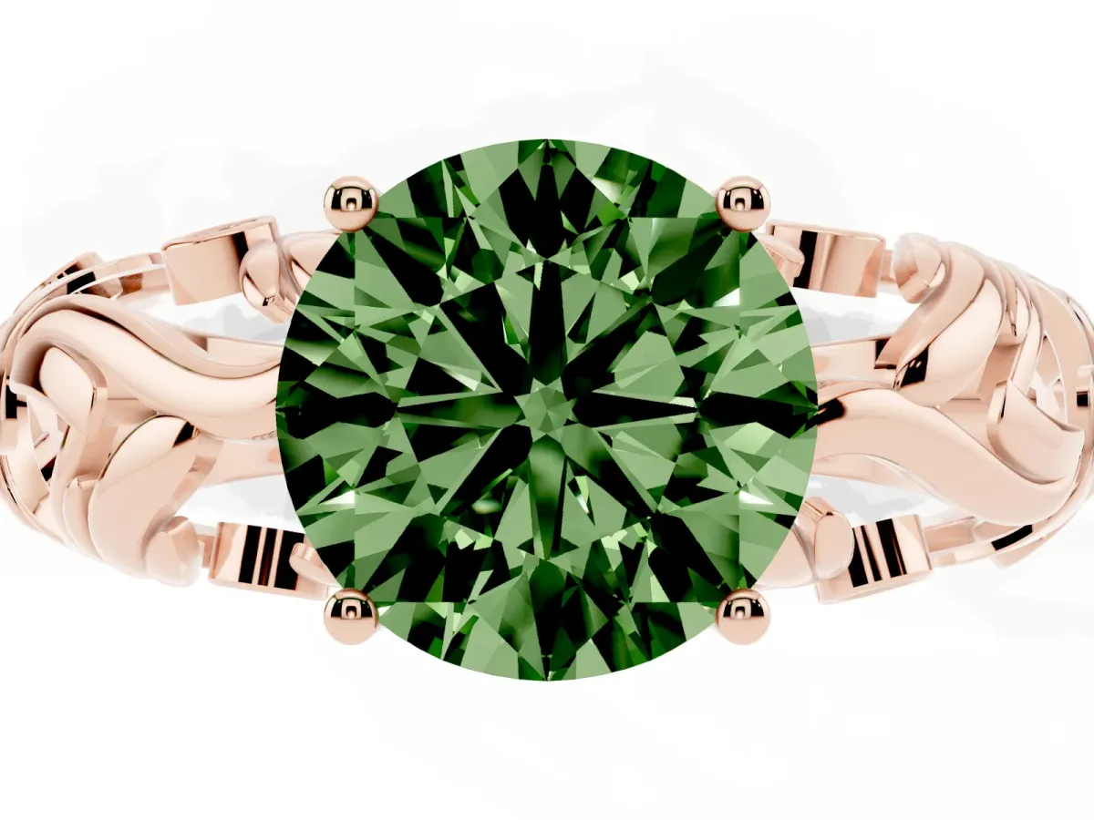 Fancy Green Round Cut Solitaire Diamond Leaf-Inspired Vine Band Ring with Prong Setting Rose gold