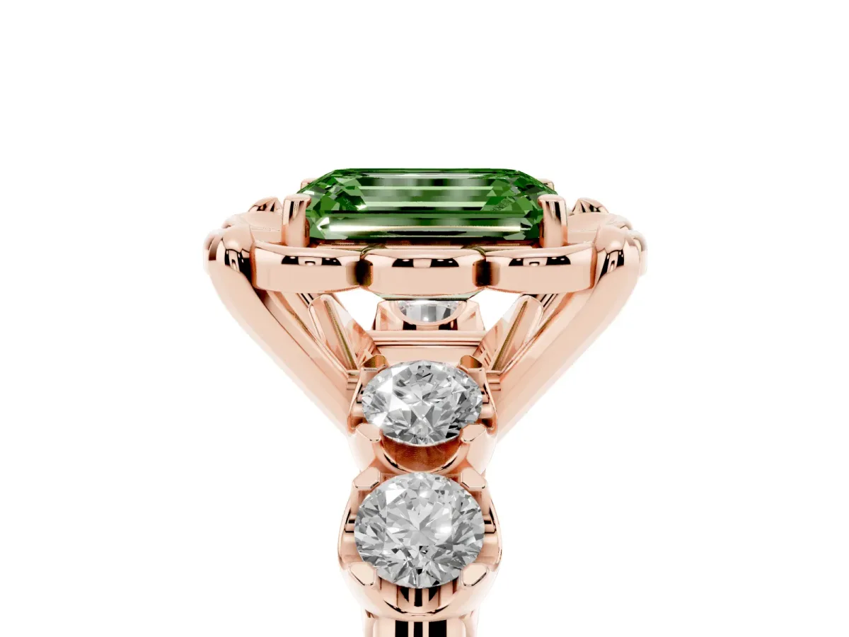 Fancy Green Emerald Cut Cut Diamond Floral Halo Engagement Ring with Shared Prong Setting Rose gold