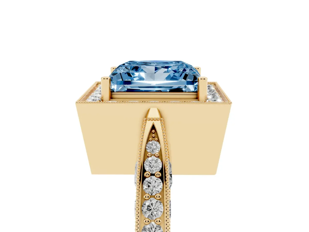 Fancy Blue Princess Cut Halo Diamond Engagement Ring with Split Shank Band and Four-Prong Setting Yellow gold